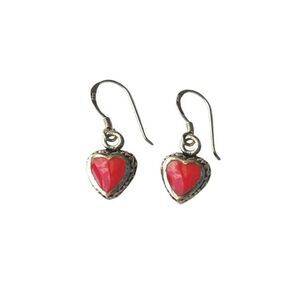 Vintage Signed H Red Coral Heart Dangle Earrings Sterling Silver 925 Hook